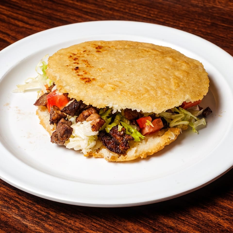 Arepa filled with grilled meat, shredded lettuce, and diced tomatoes on a white plate.