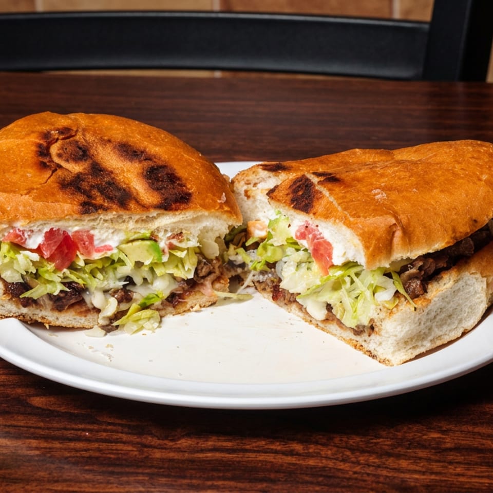 Toasted sandwich, cut in half, filled with meat, shredded lettuce, diced tomatoes, and white sauce.